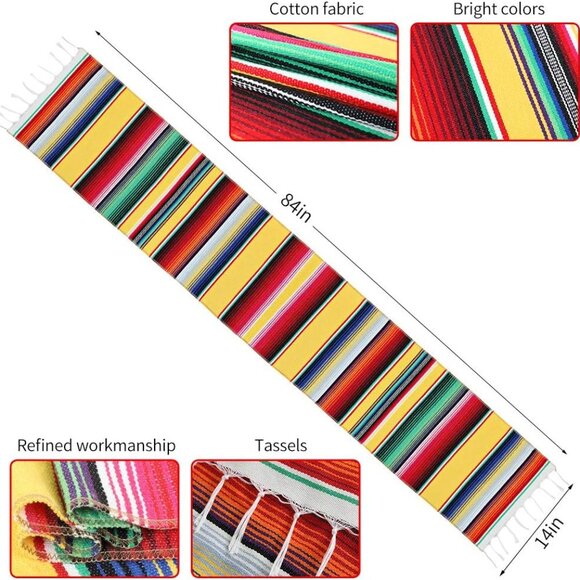 Mexican handwoven cotton table runner 14x84in - Picture 3 of 6